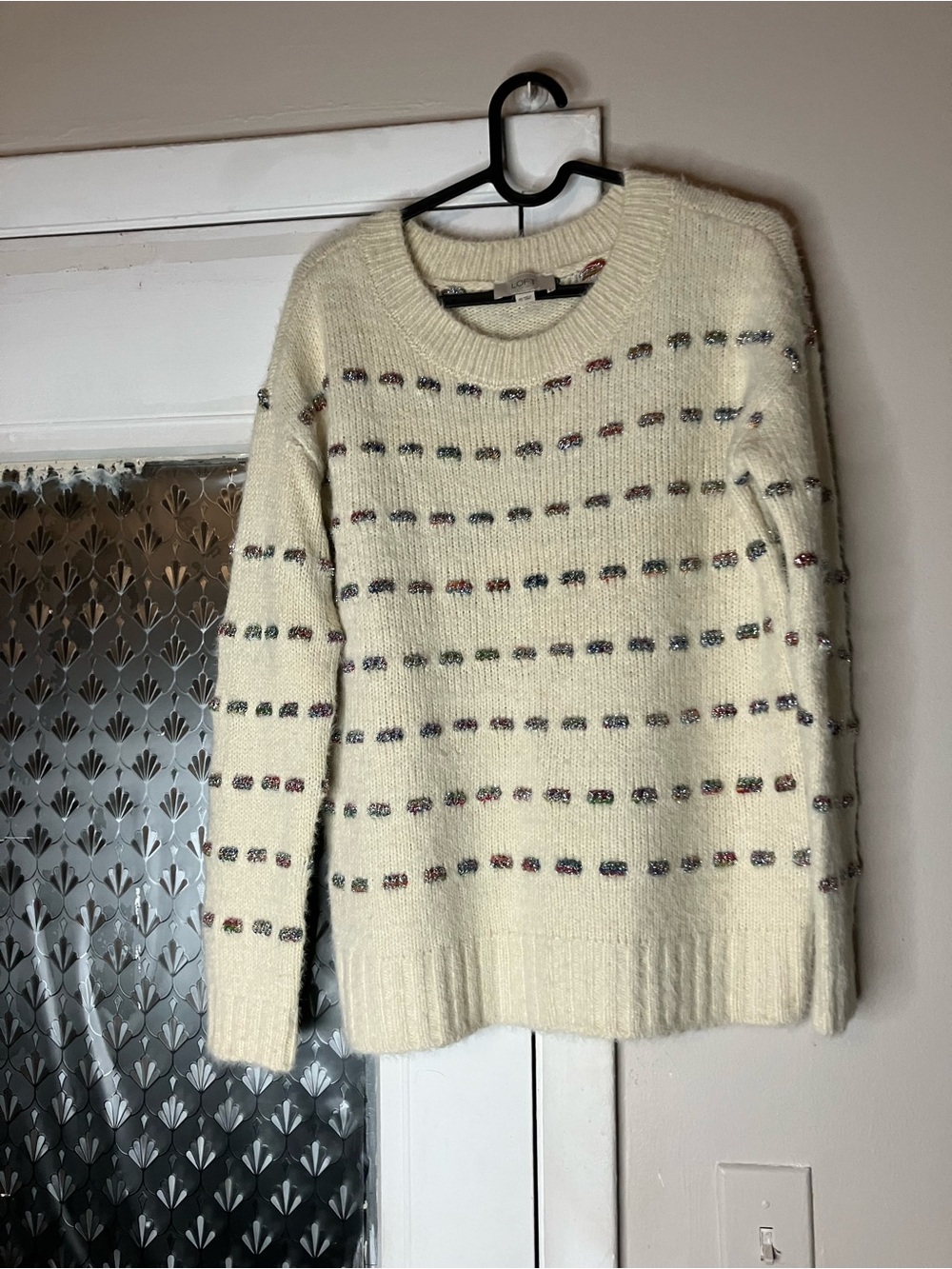 LOFT Cream V-Neck Sweater with Multicolor Fleck Stripes